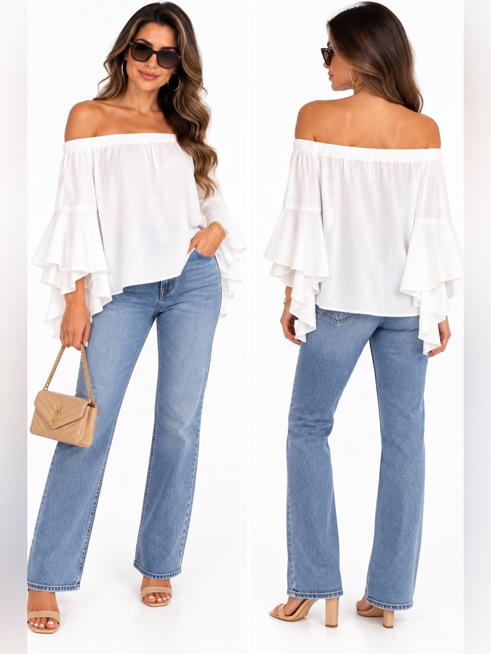 New York & Company White Off Shoulder Ruffle Bell Sleeve Top Size S